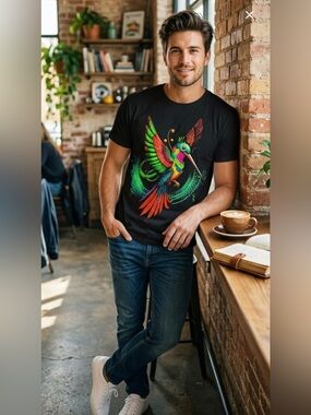 Comfort Unisex Black Tee with Vibrant Multicolor Hummingbird Graphic SzL - NWOT